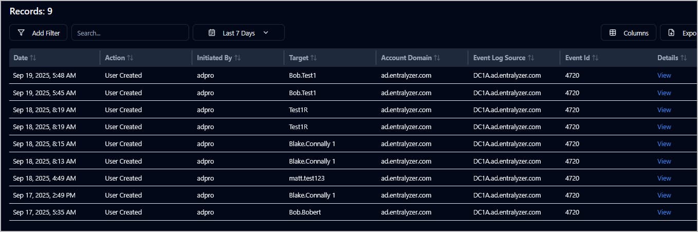 Entralyzer example of user created events